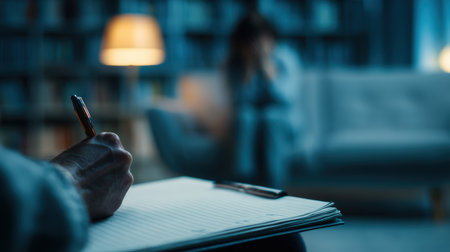A therapist writes crisis-intervention notes in an emergency counseling center. The scene features cool, urgent lighting with a blurred, distressed figure in the background.の素材