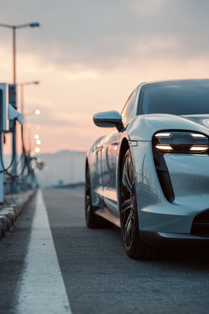 A sleek silver electric car charges at a post on an empty futuristic highway. Captured in soft dusk light, the scene exudes a peaceful, high-tech aesthetic with a cinematic feel.の素材
