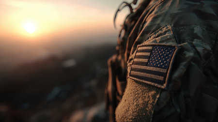 Silhouette of a soldier's torso with a focus on the American flag patch, set against a warm, atmospheric sunset horizon.の素材