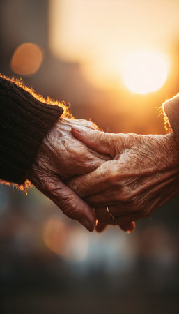 A young person gently holds an older person's hands, bathed in a warm golden hour glow. The shallow depth of field adds a cinematic realism, highlighting the emotional connection.の素材