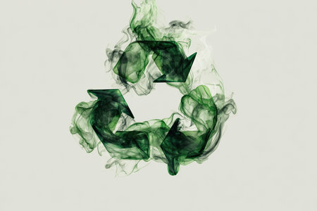 A recycle symbol formed by green smoke arrows in motion, set against a white background. Ideal for eco-friendly branding and sustainability-focused packaging designs.の素材
