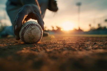 A hand gently places a baseball on the pitcher's mound at sunset, casting long shadows across the field. The warm flare and cinematic tone evoke emotional sports storytelling.の素材