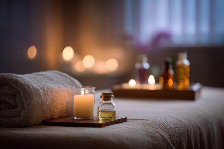 A serene luxury spa retreat room featuring massage therapy in progress. Candles and aromatherapy oils create a warm, inviting atmosphere with a calm, cinematic tone.の素材