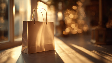 A luxury gift bag is beautifully illuminated by soft golden-hour light, creating a modern boutique atmosphere. The shallow depth of field adds a cinematic touch to the product photography.の素材