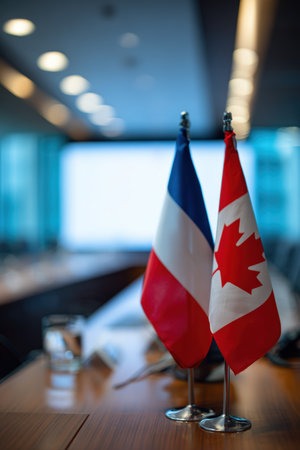 France and Canada flags stand on a conference table in a modern office, ready for a bilateral summit. The blurred projector screen and office lighting create a focused atmosphere.の素材