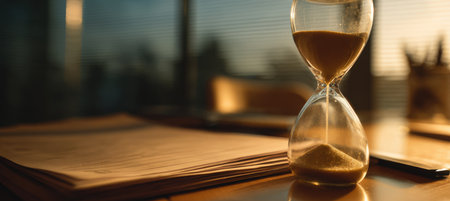 A minimalist scene featuring an hourglass beside business paperwork, illuminated by ambient warm light. The focus is on clarity and the passage of time, creating a serene atmosphere.の素材