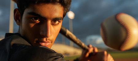 A young athlete with focused eyes holds a modern composite bat as a baseball is suspended mid-flight. The scene is set on an outdoor field during golden hour, casting dramatic shadows.の素材