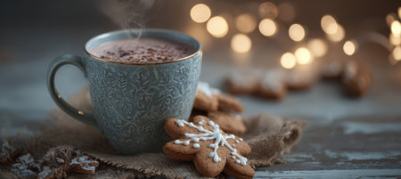 A steaming cup of hot chocolate paired with a gingerbread cookie on a rustic table. The soft glowing background creates a cinematic winter mood, perfect for cozy holiday settings.の素材