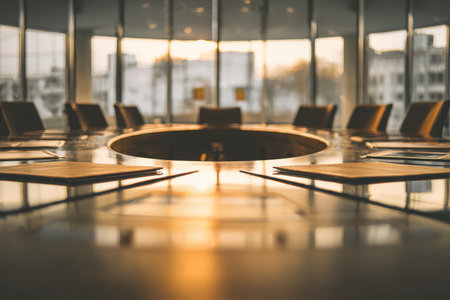 Flags are placed at the center of an oval meeting table surrounded by empty chairs. The scene captures a warm morning ambiance with balanced symmetry and cinematic stillness.の素材
