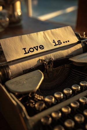 A nostalgic scene featuring a vintage typewriter with the phrase "Love is..." on paper, illuminated by golden sunset light, evoking a sense of timeless romance and poetry.の素材