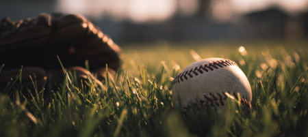 A close-up of a baseball resting on vibrant grass with a glove in the background, captured in crisp morning light. The macro-style focus highlights a clean sports aesthetic.の素材