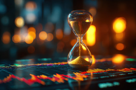 A glass hourglass stands on colorful financial charts with warm bokeh lights in the background, illustrating the concept of time and business with cinematic depth of field.の素材