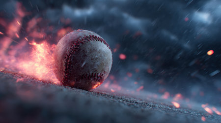 A flaming baseball streaks across a stormy night sky, scattering embers in its wake. The dramatic lighting and high-intensity VFX create a dynamic, action-packed scene.の素材