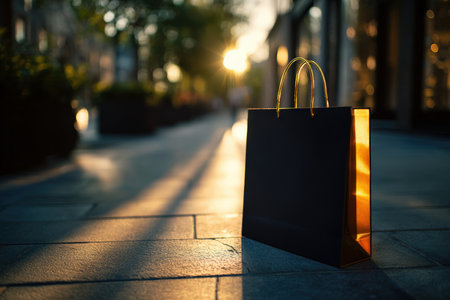 A black paper shopping bag glows in the warm golden-hour sunlight, creating a luxurious retail concept. The cinematic composition and shallow focus enhance its elegance.の素材