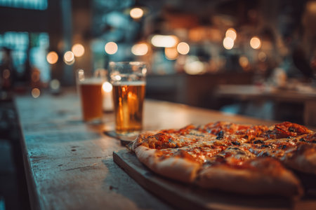 Cinematic lifestyle photo of pizza and beer on a wooden table, set in a cozy bar with warm lighting and a soft focus background, creating a relaxed and inviting atmosphere.の素材