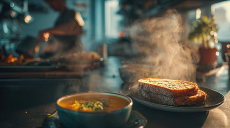 A barista serves steaming vegetable soup and toast at a cafe counter in the early morning. The cinematic shallow focus and inviting tone create a warm, welcoming atmosphere.の素材
