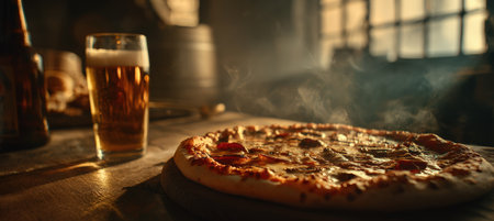 A freshly baked pizza emits steam beside a glass of beer, capturing a warm, cinematic pub atmosphere. The shallow depth of field enhances the cozy, inviting mood.の素材