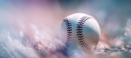 A baseball captured in a dreamy, soft-focus style with pastel tones and gentle light leaks. The abstract artistic framing evokes an emotional connection to the sport.の素材