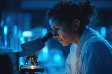 A middle-aged South Asian female researcher with tied-back hair examines samples under a microscope in a high-tech lab with soft blue lighting, wearing a lab coat.の素材