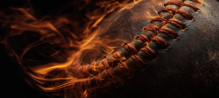 Extreme close-up of a baseball's stitched seams glowing with intense heat, surrounded by spiraling flames. The dramatic macro shot is set against a dark void, creating a fantasy realism effect.の素材