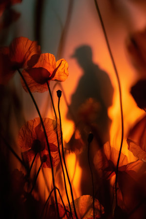 Vertical detail shot capturing vibrant poppy textures with a blurred silhouette of a soldier in the background, enveloped in a warm, atmospheric glow.の素材