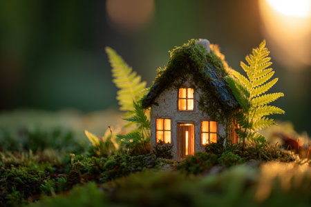 Realistic photo of a miniature eco-friendly house model surrounded by moss and fern leaves. Captured in warm morning light, creating a cinematic and serene atmosphere.の素材