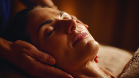 A cinematic spa scene featuring a therapist's hands gently cradling a client's head. The client displays a serene expression, enhanced by elegant warm lighting and an intimate tone.の素材