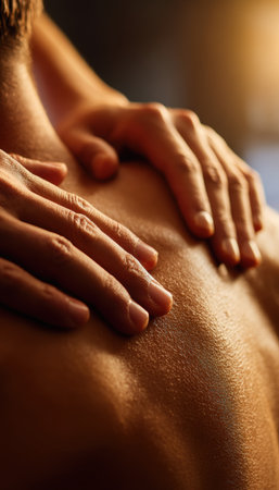 A cinematic macro shot capturing a therapist's hands gently massaging shoulders. The focus is on skin texture and the soothing touch, enhanced by a warm golden tone.の素材