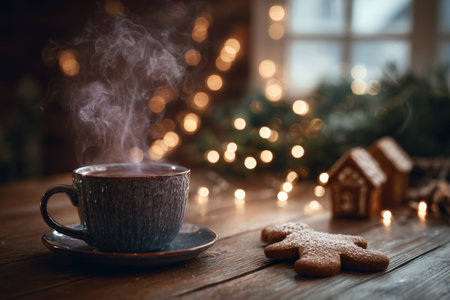 A steaming cup of cocoa sits beside a gingerbread cookie on a wooden table, surrounded by glowing festive lights. The scene captures a warm, cozy holiday atmosphere with cinematic depth.の素材