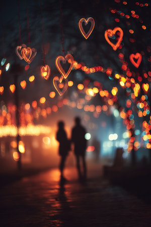 A romantic abstract scene featuring heart-shaped lights and a silhouette of lovers. The dreamy, cinematic lighting and warm glow create an enchanting ambiance.の素材