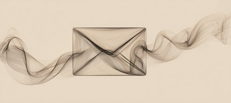 A delicate envelope icon crafted from fine gray smoke lines, set against a pale beige background. This image symbolizes clean communication, ideal for email marketing and newsletters.の素材