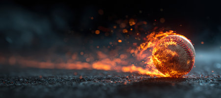 A dynamic, surreal image of a baseball engulfed in flames, leaving a trail of embers against a dark, textured background. Captures the high-impact essence of sports concept art.の素材