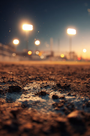 Vertical macro shot capturing detailed dirt textures near home plate, with blurred stadium lights glowing in the background, creating a dramatic sports atmosphere.の素材