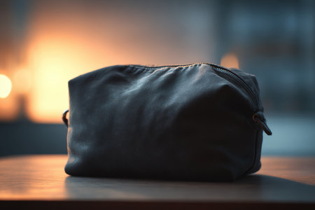 A matte black bag is artfully displayed in warm indoor lighting, highlighting its fine textures. The soft bokeh and cinematic composition create a minimalist and elegant still life.の素材