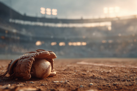A baseball glove and ball rest on the infield dirt under warm stadium lights, creating a nostalgic sports atmosphere. The cinematic composition evokes a sense of classic baseball charm.の素材