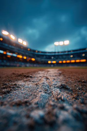 Artistic close-up of infield dirt illuminated by stadium lights, with a blurred outfield in the background, capturing the tranquil essence of a sports field at dusk.の素材