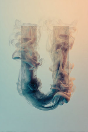 Artistic depiction of the letter U formed by swirling smoke on a soft gradient background. This modern typographic design is ideal for creative portfolios and visual projects.の素材