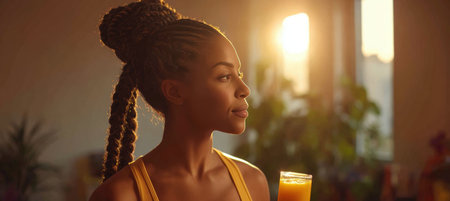 Cinematic portrait of an African woman with braided hair holding a detox juice and yoga mat. Set in a modern apartment with golden hour sunlight streaming through the window.の素材