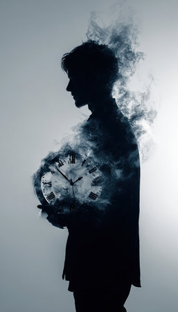 A silhouette of a person holding a clock enveloped in smoke, with time melting slightly. The pale background enhances the conceptual theme of time, ideal for productivity visuals.の素材