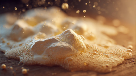 Close-up image of melted mozzarella cheese and frothy beer on a rustic wooden surface. The cinematic bokeh effect enhances the realism and texture in this food photography shot.の素材