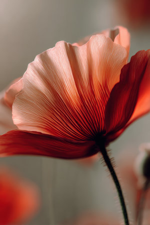 Vertical macro shot of a poppy flower showcasing its intricate inner textures and glowing petals. The blurred neutral background creates a soft contrast, highlighting the flower's beauty.の素材