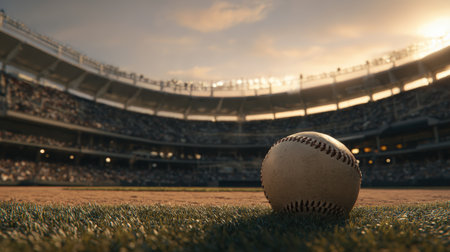 A baseball rests on the pitcher's mound with illuminated stadium tiers in the background, captured in soft golden-hour light, creating an atmospheric sports mood.の素材