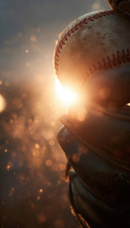 A close-up shot of a baseball in a glove, illuminated by a sun flare. The image features a warm, glowing contrast, creating a dramatic and atmospheric effect.の素材