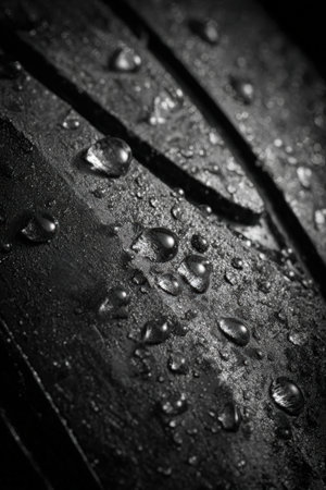 Extreme close-up of a wet tire texture in monochrome, highlighting the intricate patterns and contrast. The minimalist macro studio shot emphasizes form and detail.の素材