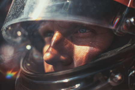 Close-up of a race car driver through a tinted windshield with a subtle rainbow glare. The image captures the intense focus and realism of motorsport preparation in the pit lane.の素材