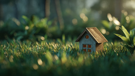 A small house model sits on lush grass, illuminated by warm morning light. The scene captures a cinematic realism, emphasizing eco-friendly living and sustainability concepts.の素材