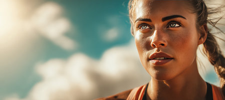 Portrait of a strong female athlete with a glowing smile, captured under a clear sky. The image showcases warm daylight and cinematic realism, emphasizing her confidence and determination.の素材