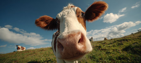 A cow humorously tilts its head while looking directly into the camera, set against a vibrant green pasture and clear blue sky, creating a cinematic and playful scene.の素材