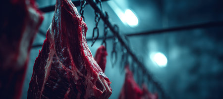 Detailed close-up of red meat sections hanging on hooks, showcasing sharp textures and cold tones in a chilled, cinematic setting. The image captures the realism of a meat storage environment.の素材