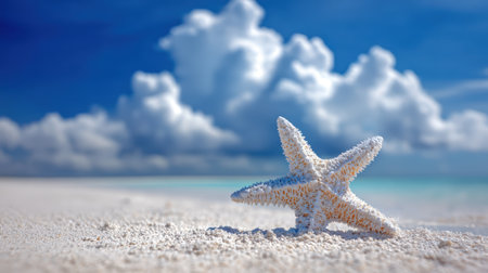 A single starfish rests on sandy beach under a vivid blue sky with soft sunlight, creating a calm and natural aesthetic. The minimalist composition highlights the serene beach atmosphere.の素材